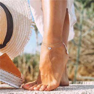 Personalized J Heart Initial Anklet for Women, Silver Layered Ankle Bracelet